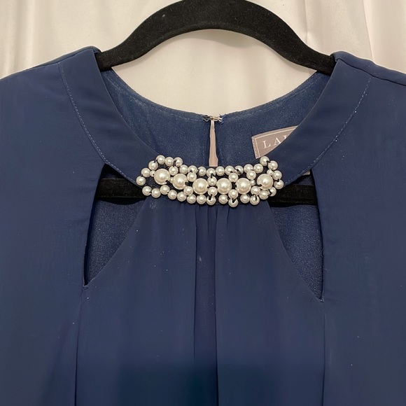 Laura Petites Navy Pearl Embroidered Cutout Chiffon Dress - Picture 2 of 5